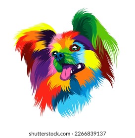 Abstract dog head portrait Continental Toy Spaniel, Dog Papillon from multicolored paints. Colored drawing. Puppy muzzle portrait, dog muzzle. Vector illustration of paints