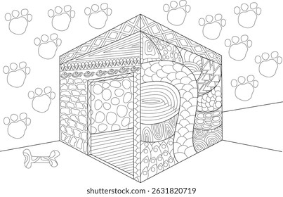 Abstract Dog House Coloring Page with Paw Prints, Black and white line art illustration of a dog house with intricate Zentangle-style patterns on its sides. Surrounding the dog house are outlines of