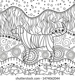 Abstract dog on ornate pattern. Hand drawn waved ornaments on white. Intricate patterns on isolated background. Design for spiritual relaxation for adults