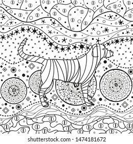 Abstract dog on pattern. Hand drawn waved ornaments on white. Intricate patterns on isolated background. Design for spiritual relaxation for adults. Black and white illustration for anti stress colour