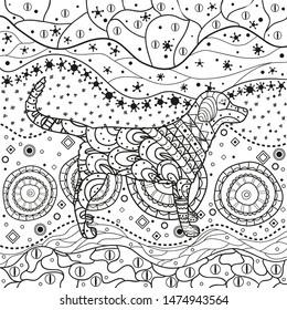 Abstract dog on pattern. Hand drawn waved ornaments on white. Intricate patterns on isolated background. Design for spiritual relaxation for adults. Black and white illustration