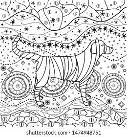 Abstract dog on pattern. Hand drawn waved ornaments on white. Intricate patterns on isolated background. Design for spiritual relaxation for adults. Black and white illustration