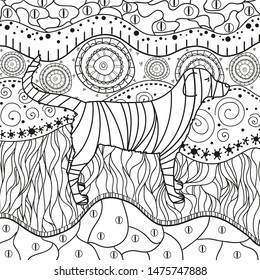 Abstract dog on pattern. Hand drawn waved ornaments on white. Intricate patterns on isolated background. Design for spiritual relaxation for adults. Black and white illustration