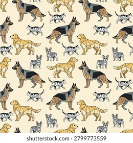 Abstract dogs seamless pattern. Geometric art with cat and dogs. This is Animal vector design with polygon or geometric style. Modern vector illustration for ornament. Background Graphic Design.