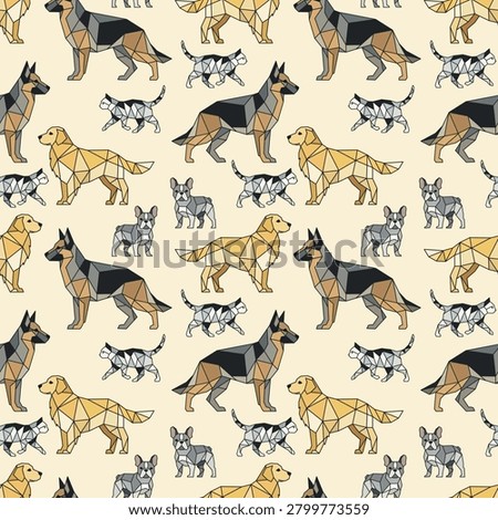 Abstract dogs seamless pattern. Geometric art with cat and dogs. This is Animal vector design with polygon or geometric style. Modern vector illustration for ornament. Background Graphic Design.