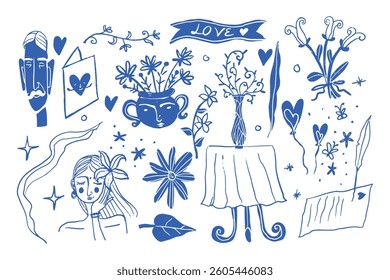 Abstract Dolce Vita Scribble Doodle Sketch of women, men, love, floral flowers, heart, table, date and more vector isolated on background
