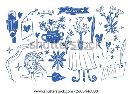 Abstract Dolce Vita Scribble Doodle Sketch of women, men, love, floral flowers, heart, table, date and more vector isolated on background
