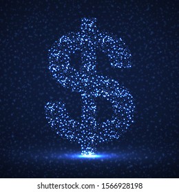 Abstract dollar sign of glowing particles. Neon financial symbol. Isolated vector illustration