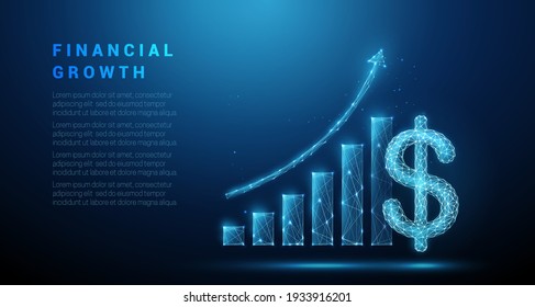 Abstract dollar sign and graph growing up. Low poly style design.  Business strategy concept. Blue geometric background. Wireframe light connection structure. Modern 3d graphic. Vector illustration.