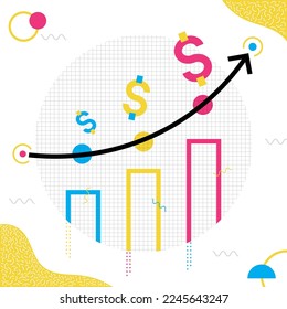 Abstract dollar sign with graph up in Memphis art style. Geometric element. 80s Graphic design vector. Business and finance idea concept.