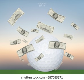 Abstract dollars bill and golf ball in green area with vintage sky background. Vector illustration.