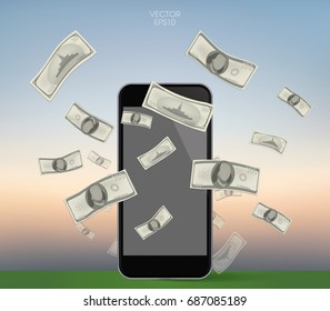 Abstract dollars bill and ... in green area with vintage sky background. Vector illustration.