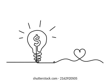 Abstract dollars with heart as continuous lines drawing on white background. Vector