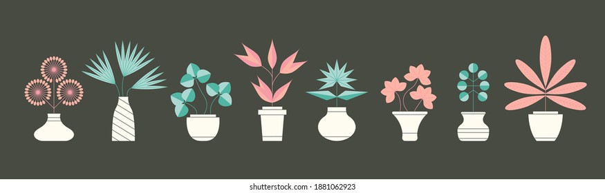 Abstract Domestic plants. Flower pots. Minimalistic elegant Icons. Big Vector set. Flower shop concept. Simple geometric design. Trendy illustration. Every icon is isolated on dark background