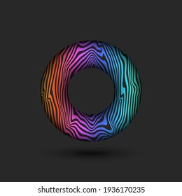 Abstract donut logo with bright multicolored gradient glaze on a black background, levitating volumetric round geometric shape art object.