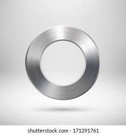 Abstract donut, ring badge, blank button template with metal texture (chrome, silver, steel), realistic shadow and light background for user interfaces, UI, applications and apps. Vector illustration.