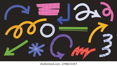 Abstract doodle arrows, circle, zigzag shape, colorful line pattern