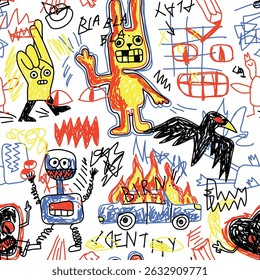 Abstract Doodle Art with Colorful Characters, Scribbles, and Fun Illustrations