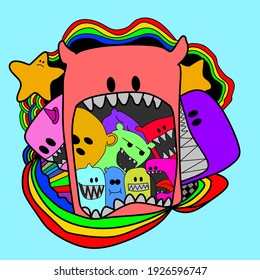 abstract doodle art, various kinds of cartoons, rainbow backgrounds, and light blue backgrounds