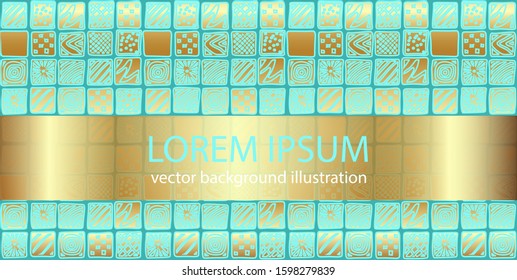Abstract doodle art vector geometric background. Text lorem ipsum. Hand drawn blue and gold patterned squares. Design template or sale flyer, festive banner.