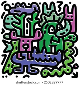 Abstract doodle art with a vibrant offset effect, showcasing playful animal characters and whimsical shapes in a colorful composition.
