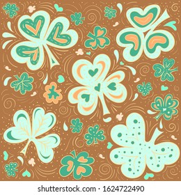 Abstract doodle background with clover, hearts and butterflies. Hand drawn vecotor illustration in trendy colors.