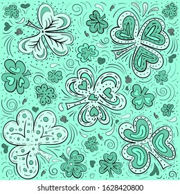 Abstract doodle background with clover, hearts and butterflies. Hand drawn vecotor illustration in trendy colors: aqua menthe monochrome palette.