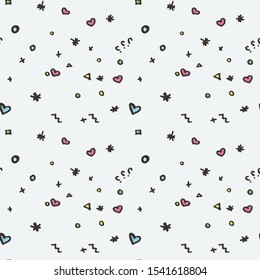 Abstract doodle background with different shapes - triangles, hearts, circles, dots, lines. Cartoon memphis style. Vector seamless pattern.