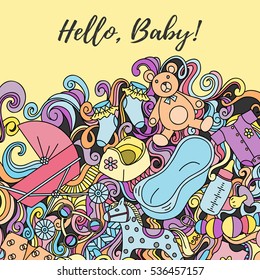 Abstract doodle background Hello, baby banner with text, vector illustration