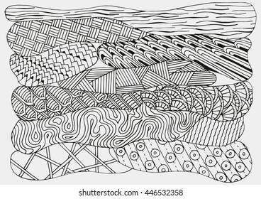 Abstract Doodle Background Pattern In Vector. Hand Drawn, Ethnic, Retro, Doodle, Zentangle Design Elements. Made By Trace From Sketch. A4 size. Vector Illustration