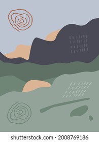 abstrakter doodle Hintergrund mit Sonne, Bergen und Bach mit Reflexion