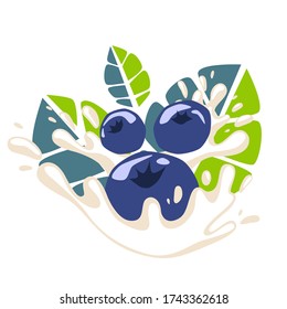Abstract doodle black currants, leaves and milk splashes. Modern cartoon style. Vector