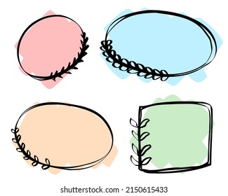 Abstract doodle black frames pastel set hand drawn. Cute round lines with leaves, circles collection.