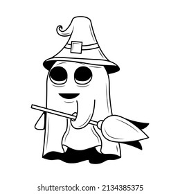 Abstract Doodle Black Line Happy Halloween Greeting Ghost Spirit In A Hat And With A Broom Background. Vector Design Banner Party Invitation Template