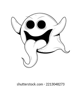 Abstract Doodle Black Line Happy Halloween Greeting Ghost Spirit Tongue Out Background. Vector Design Banner Party Invitation Template