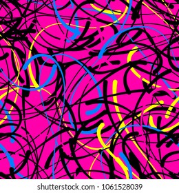 Abstract doodle blob lines. calligraphic curves vector seamless pattern, bright pink color splash design