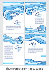 Abstract doodle blue vector sea waves isolated on white background, Vector illustration, Set of 4 decorative frame with wave, seashell, sailboat, text for greeting card, invitation, banner, poster
