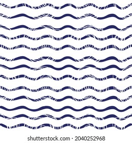 Abstract doodle blue waves seamless pattern on a white background.