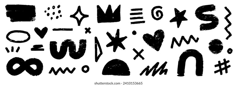 Abstract doodle brush shape paint. Grunge graphic modern abstract collage element. Doodle geometric collage star, crown, heart shape. Hand drawn texture grunge spray brush effect. Vector illustration