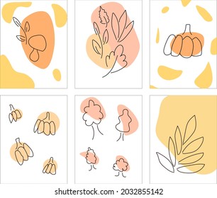 Abstract doodle cards on the theme of autumn. Postcards with pumpkin, autumn, trees, leaves, mushrooms.
