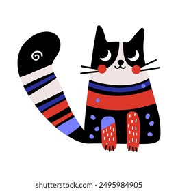 Abstract doodle cat. Cute naive kitten character with funny emotion, comic fluffy pet doodle flat design. Vector isolated illustration.