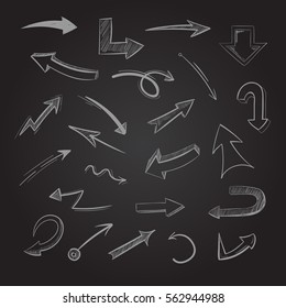 Abstract doodle chalk arrows on blackboard vector illustration. Hand draw scribble arrow, sketch arrows pointer on challboard