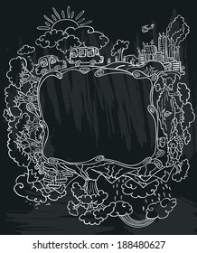 Abstract doodle chalkboard poster with traveling line art