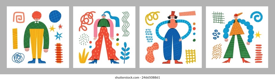 Abstract doodle character. Childish human figures. Kids drawing. Color dress. Funny happy creature. Sketch flat shapes. People caricatures. Cartoon monster. Vector children design man portraits set