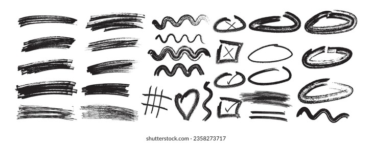 Abstrakte doodle Kohlelinien und kritzelte Formen. Ungekannter Kragen Schlaganfälle. Grunge-Pinselkollektion.