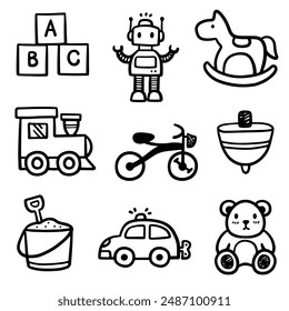 Abstract doodle of children's toys set in vector illustration.