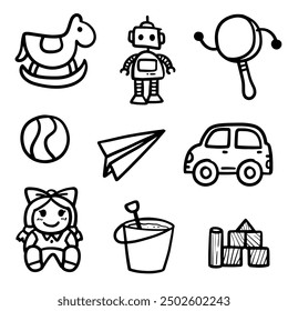 Abstract doodle of children's toys set in vector illustration.