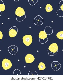 Abstract doodle circle blue white and yellow flower with dot design japanese style background pattern seamless backdrop wallpaper. Vector image