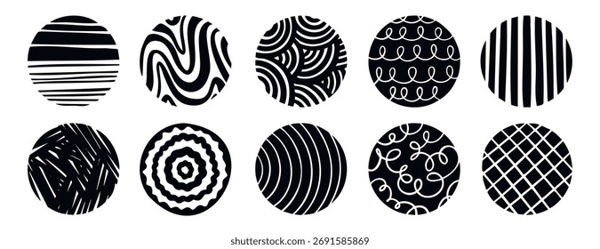 Abstract doodle circles with patterns monochrome line art hand drawn. Vector illustration.