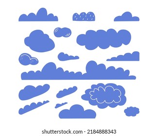 Unas nubes de doodle abstractas. Colección de nubes azules para la guardería infantil al estilo escandinavo. Ilustración vectorial dibujada a mano aislada en fondo blanco